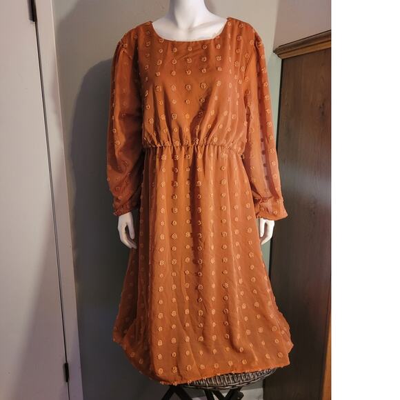HANNA NIKOLE Terracotta Orange Maxi Dress 22W Plus Modest Boho Smocked Swiss Dot - Picture 1 of 10